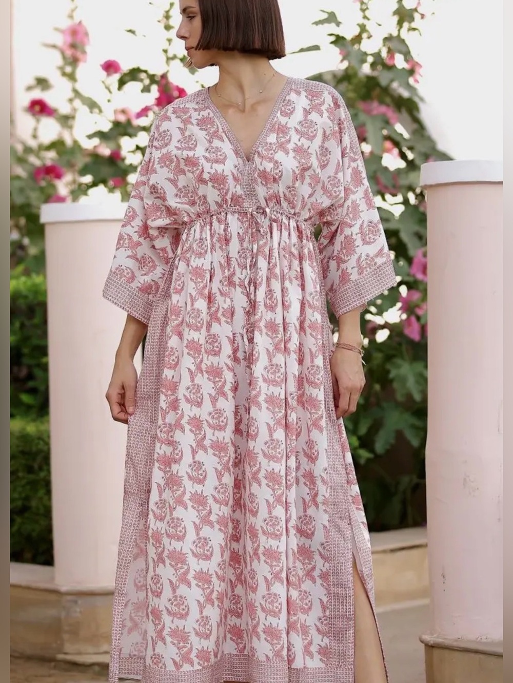Maison Marigold Aruba Rose-Print V-Neck Long Kaftan Dress block Print- Pink NWT